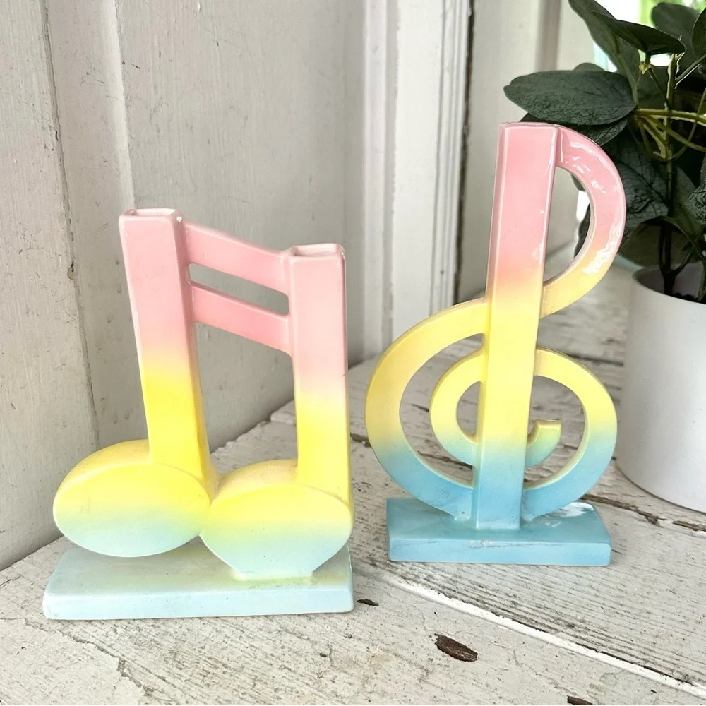 Vintage Fitz & Floyd Music Note Treble Clef Pastel Color Bud Flower Vases Japan